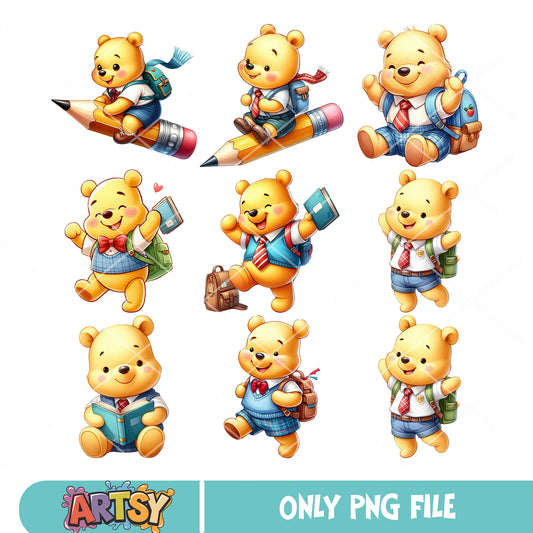 Chibi pooh school png bundle, winnie the pooh png, back to school png