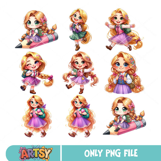 Chibi rapunzel school png bundle, rapunzel costume​ png, school uniform png