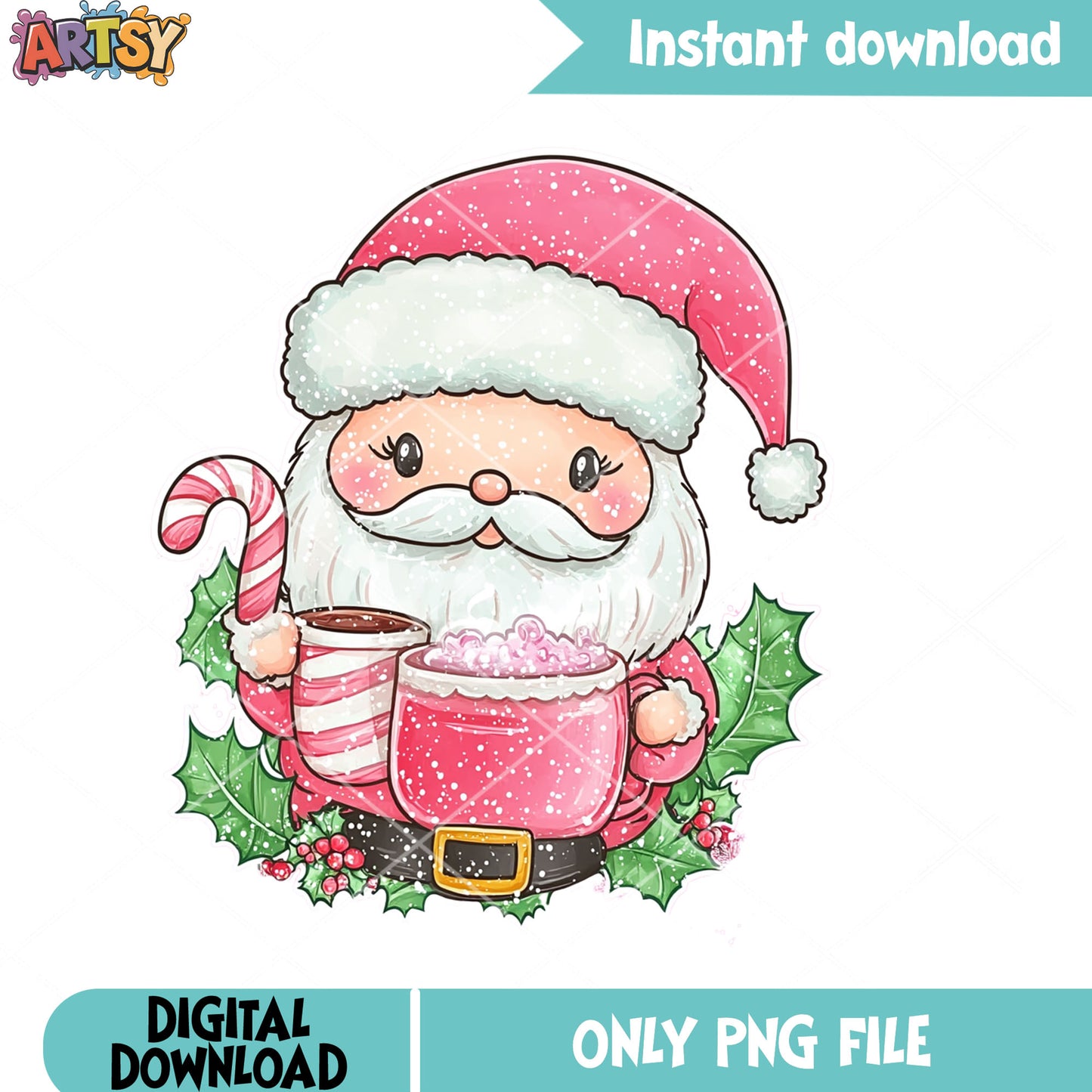 Chibi santa with hot chocolate png, christmas gifts png, santa claus png