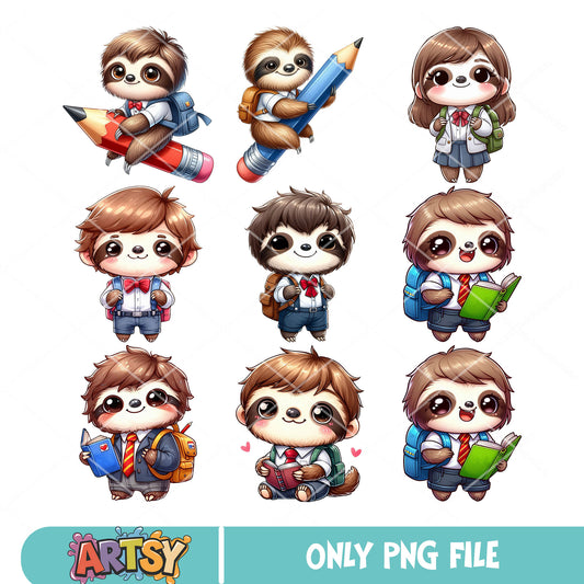 Chibi sloth school png bundle, baby sloth​ png, back to school png