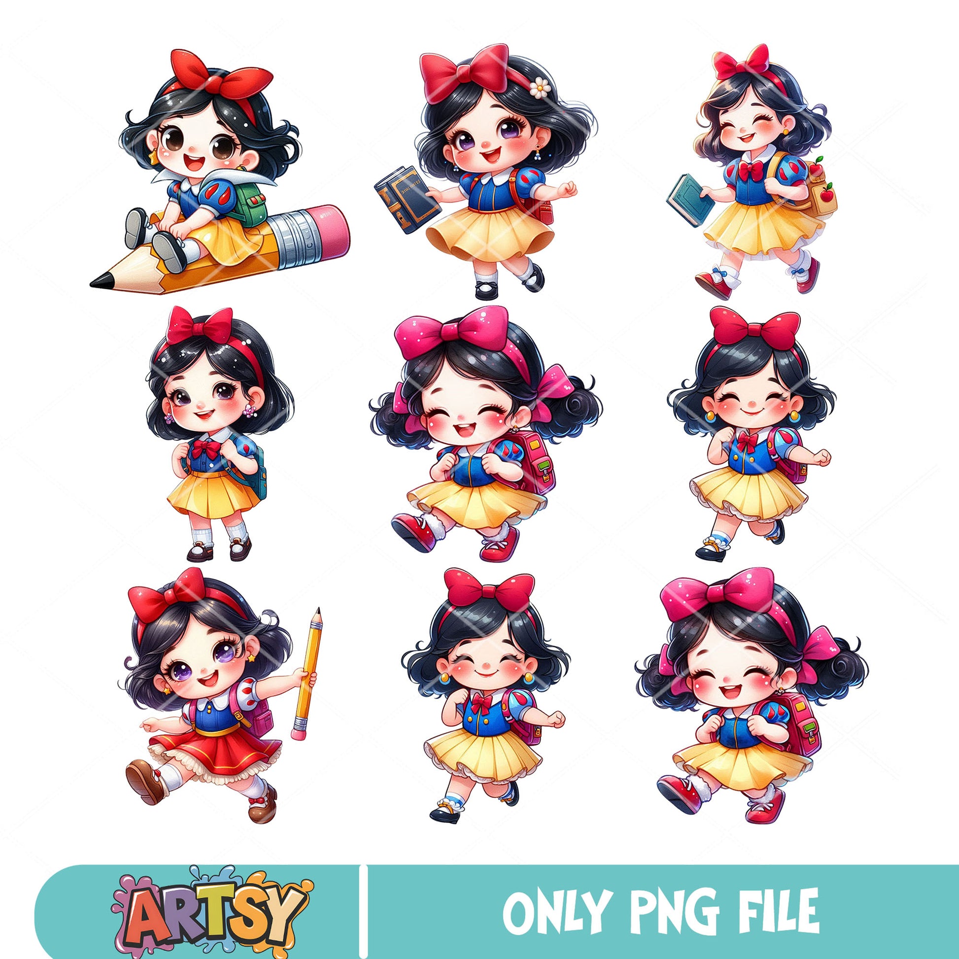 Chibi snowwhite school png bundle, snowwhite costume​ png, school spirits​ png