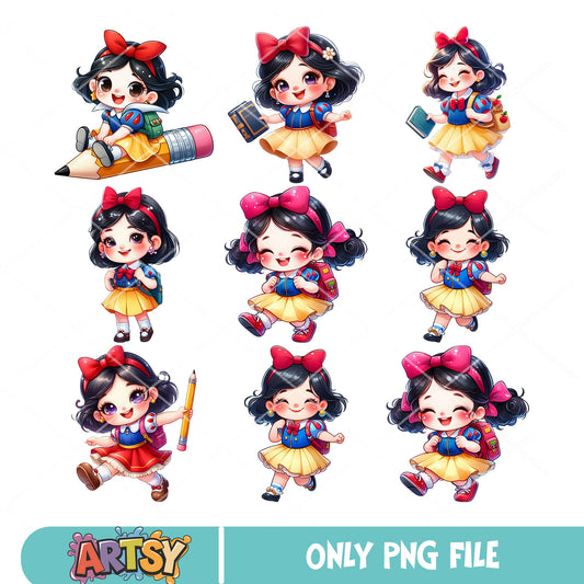 Chibi snowwhite school png bundle, snowwhite costume​ png, school spirits​ png