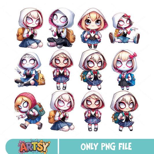 Chibi spider gwen school png bundle, spider gwen​ png, first grade png