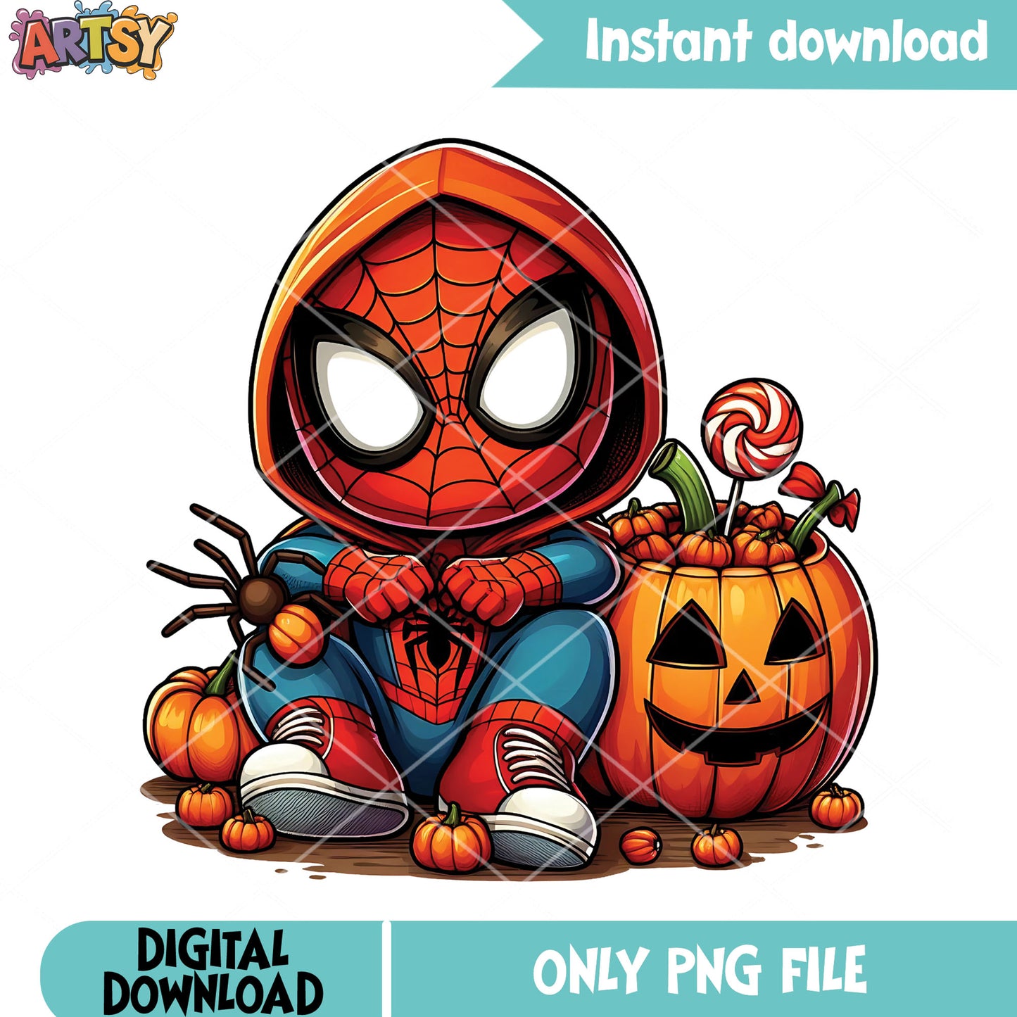 Chibi spider man png, wicker pumpkin png, marvel halloween png