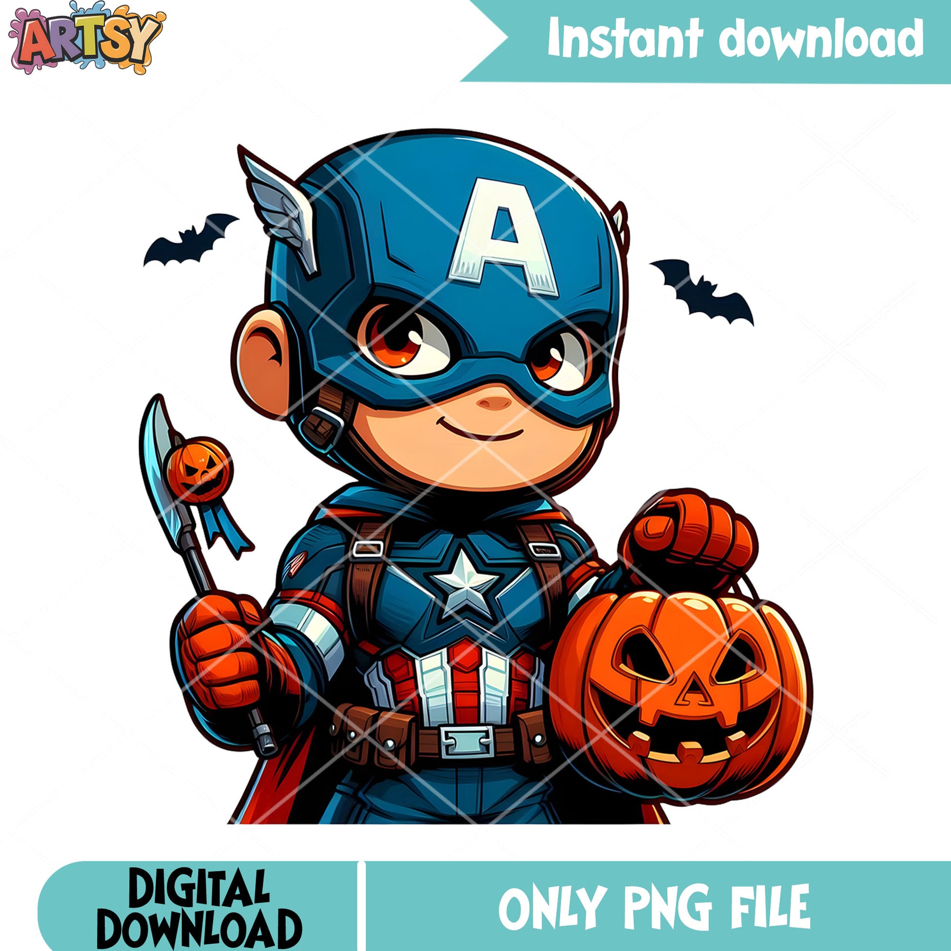 Chibi spooky captain png, wicker pumpkin png, Marvel Halloween png