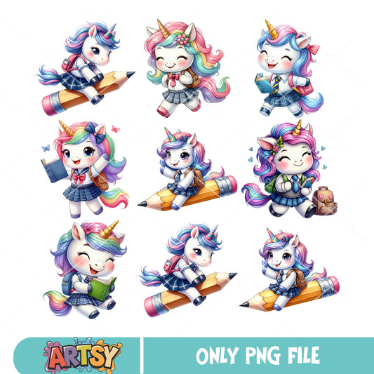 Chibi unicorn school png bundle, unicorn drawing​ png, school days png