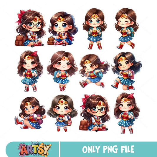 Chibi wonder woman school png bundle, school stuff png, wonder woman​ png