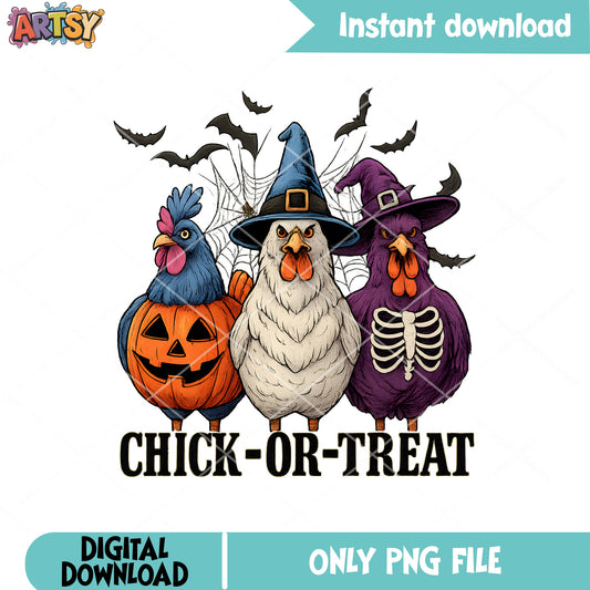 Chick or treat halloween png, halloween chicken png, trick or treat png