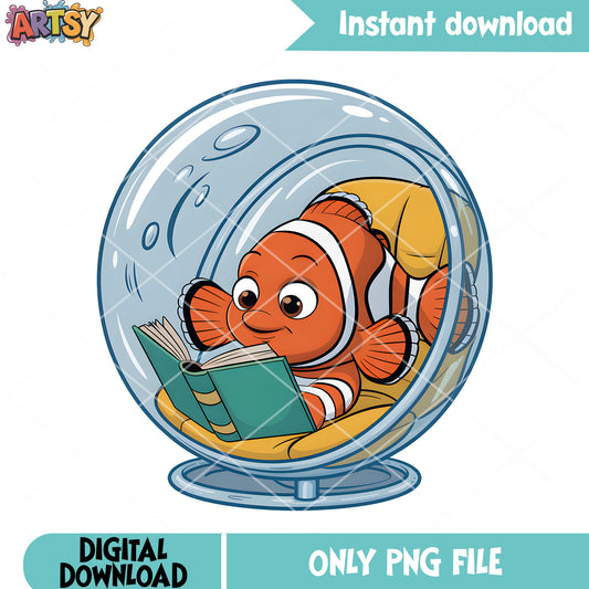 Chillin fish read book png, disney movie png, clownfish nemo png