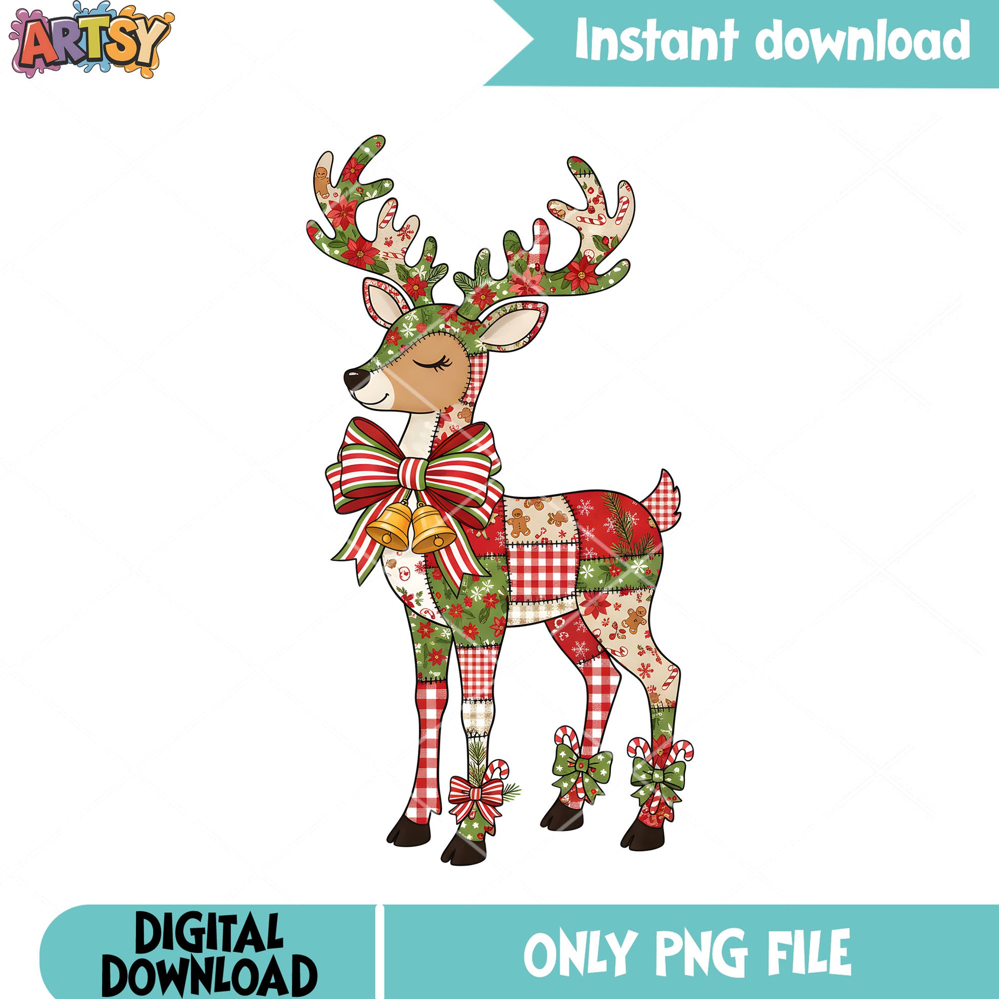 Chilling cute reindeer png, patchwork tattoos​ png, gingerbread png