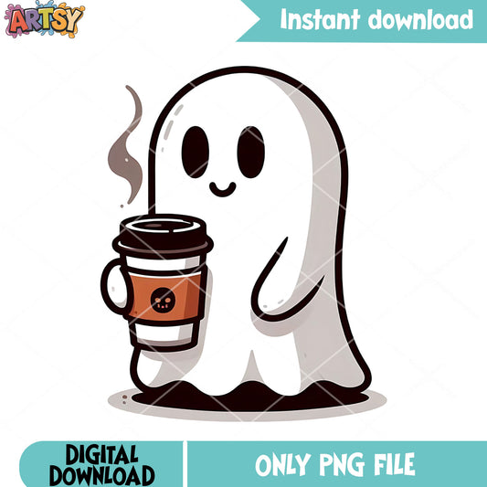 Chilling ghost png, happy halloween png, hot choco;ate png