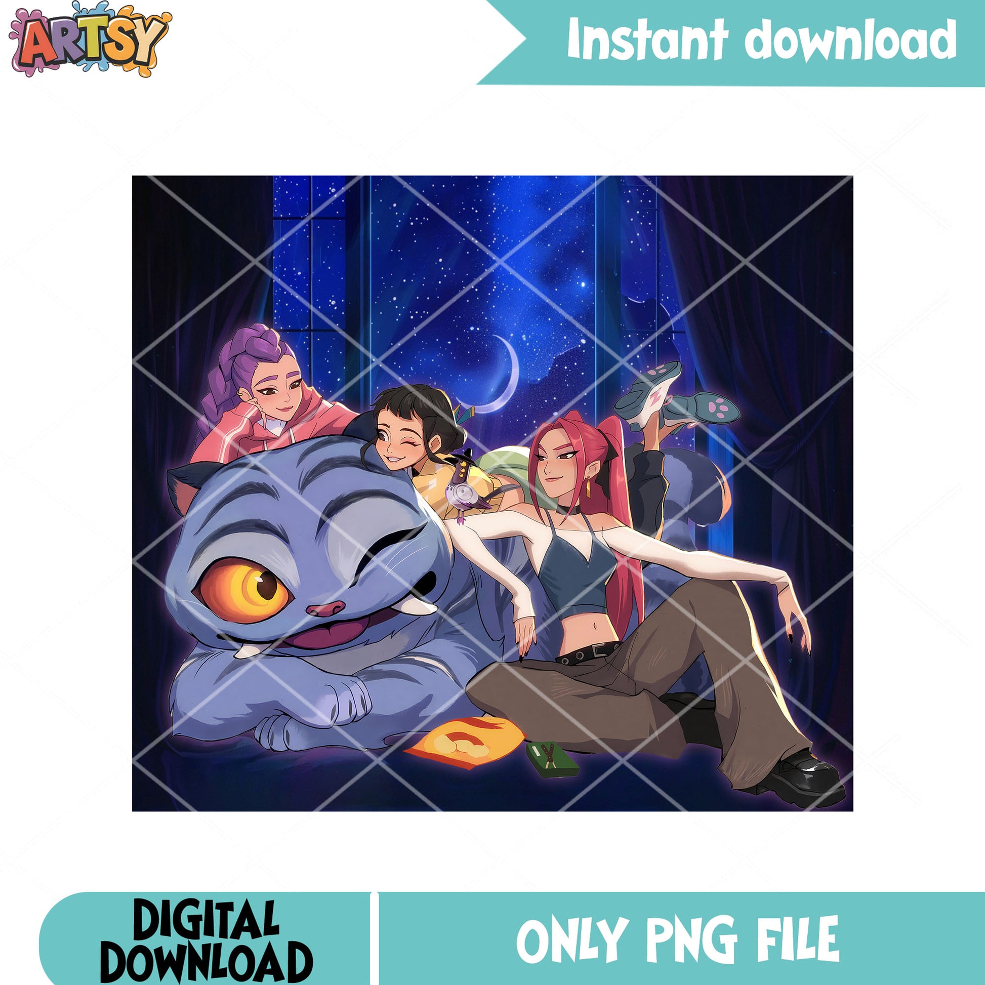 Chilling night with blue tiger png, derpy png, huntrix girls png