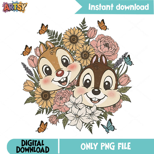 Chip And Dale Floral PNG, Disney Chipmunk Wildflower PNG, Retro Disney PNG