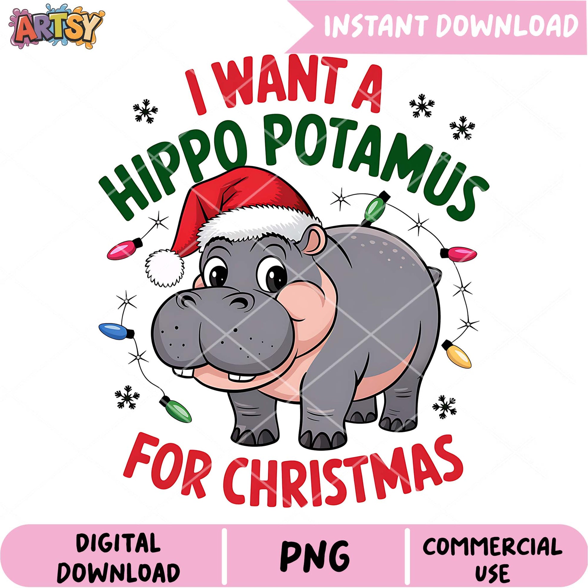 Christmas Hippo PNG Design Instant Download