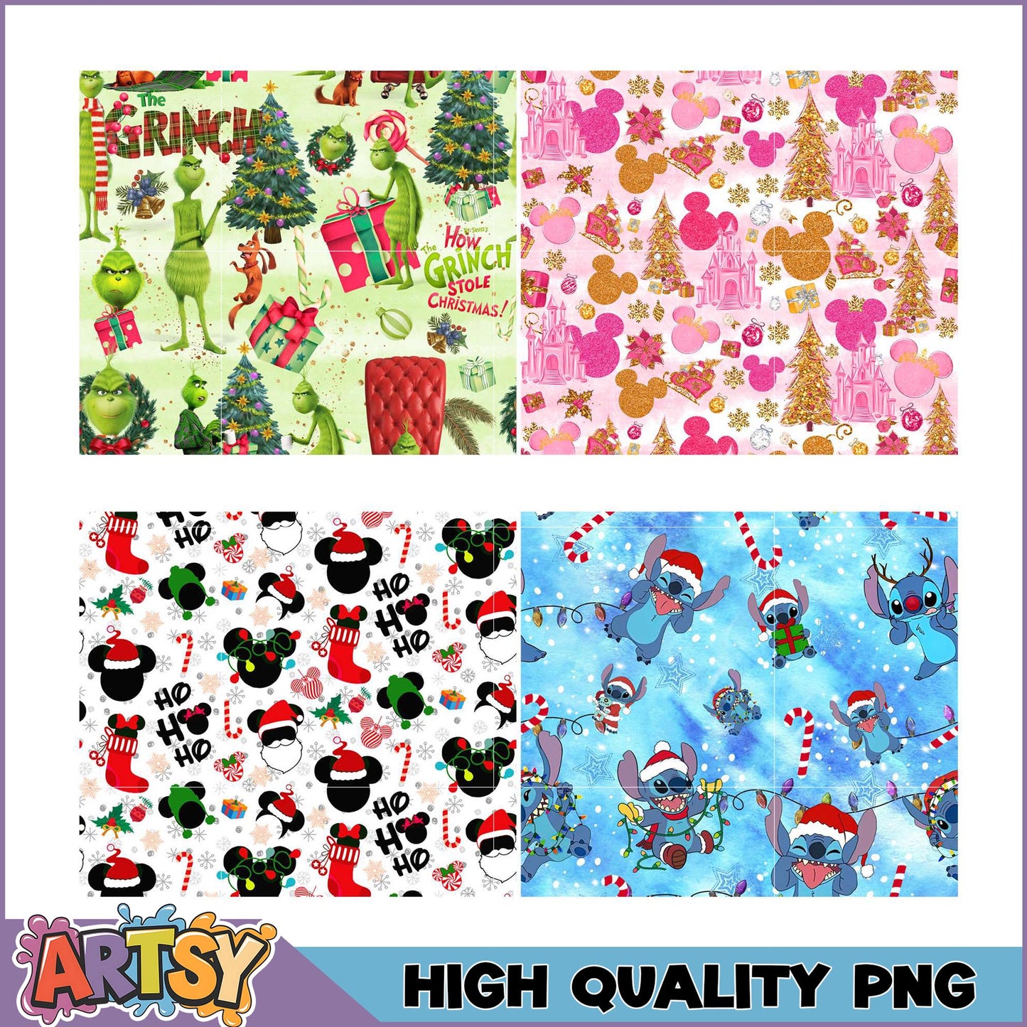Christmas PNG Bundle Grinch, Mickey, Stitch Designs