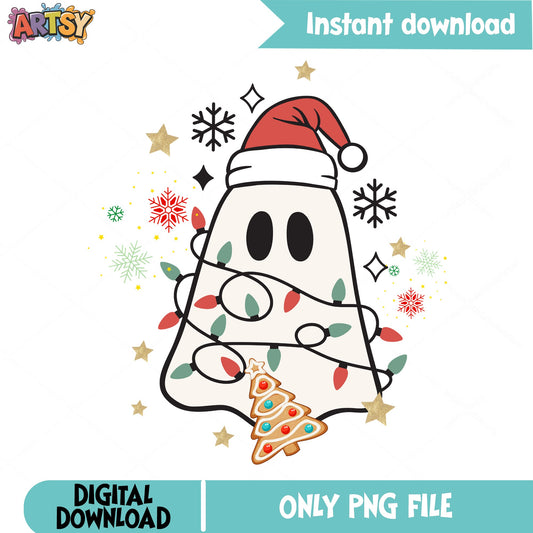 Christmas Ghost Santa Hat PNG, Cute Ghost Christmas Lights PNG, Holiday PNG