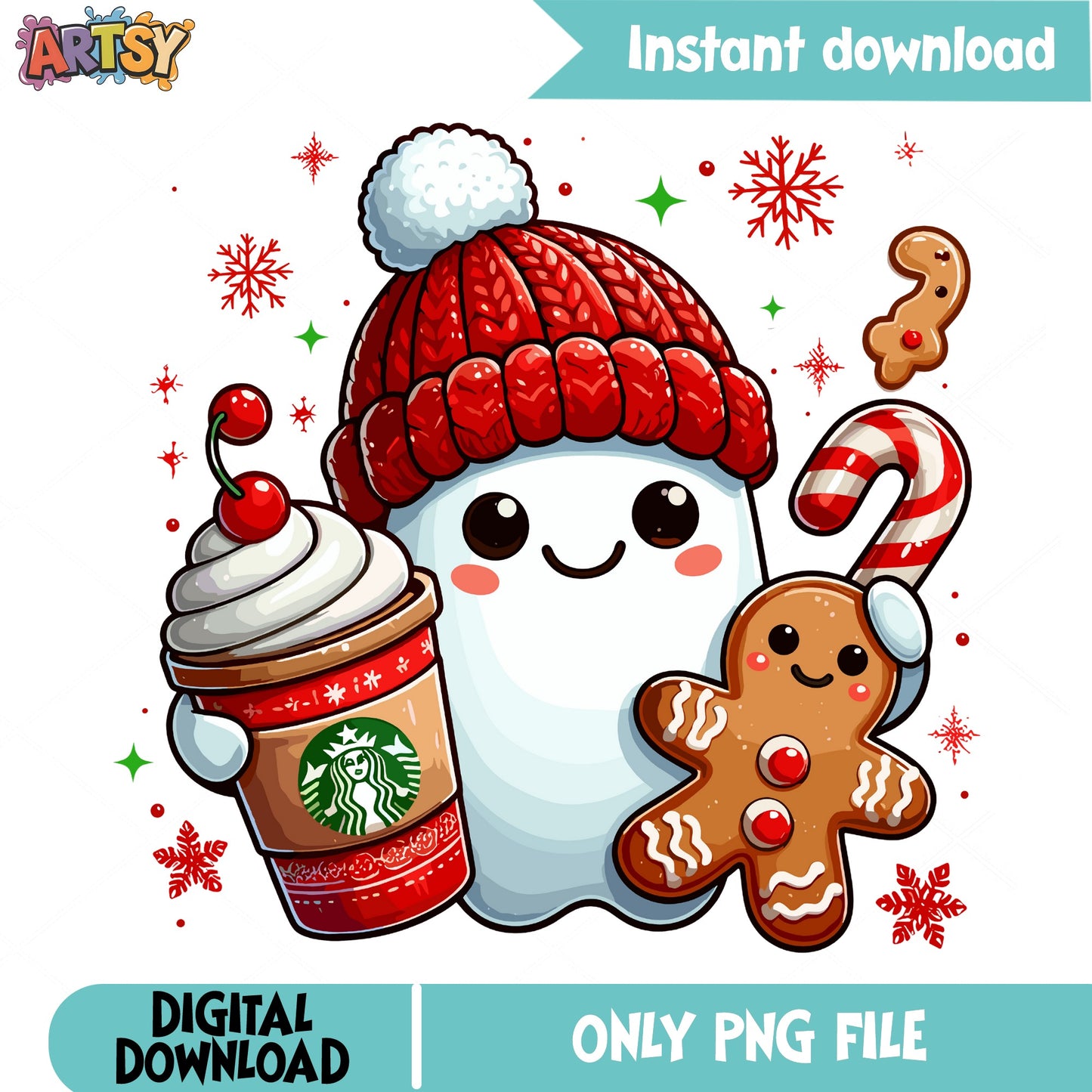 Christmas Ghost Starbucks PNG, Gingerbread Man PNG, Holiday PNG