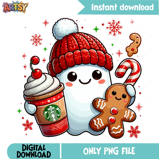 Christmas Ghost Starbucks PNG, Gingerbread Man PNG, Holiday PNG