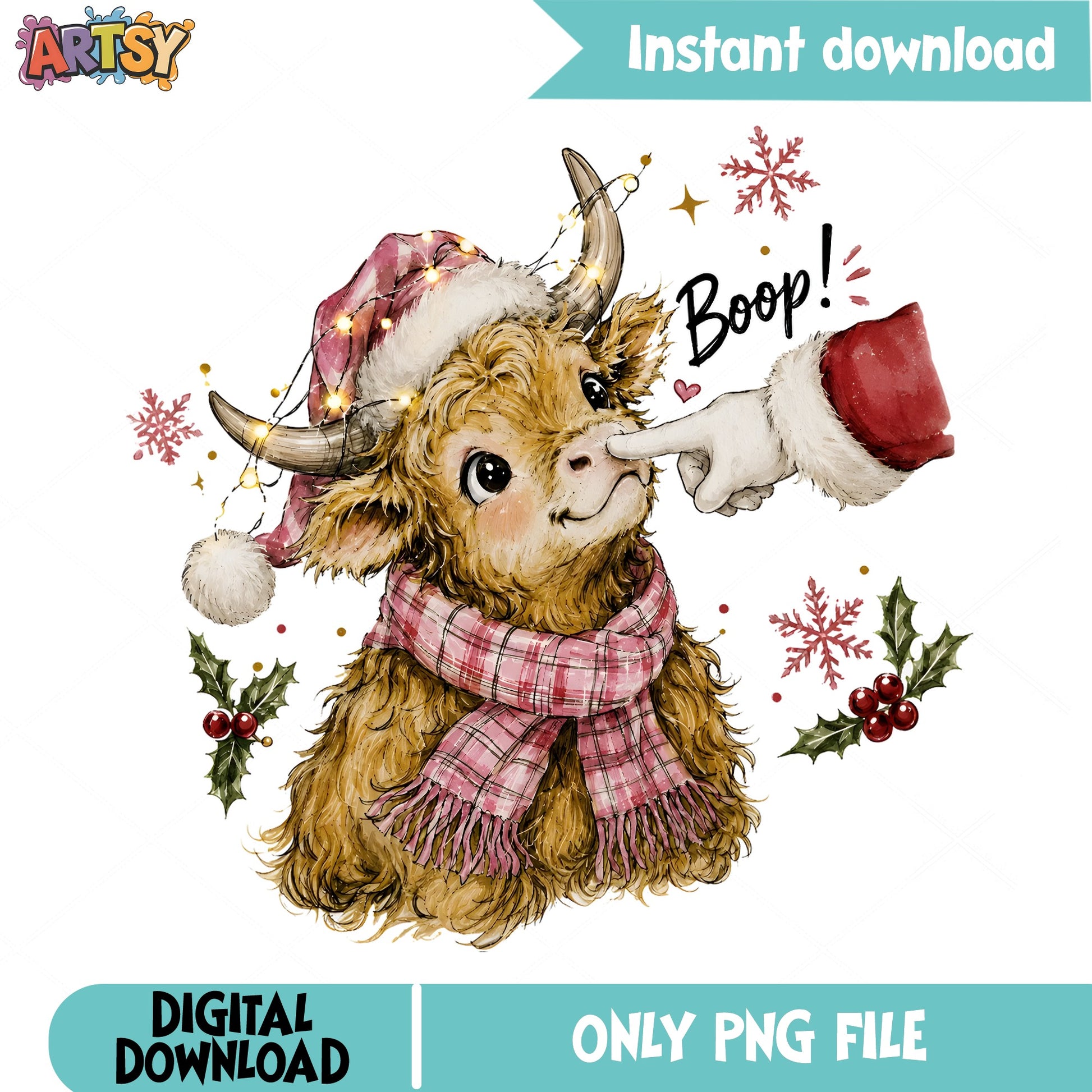 Christmas Highland Cow Boop PNG, Cute Santa Cow PNG, Holiday PNG