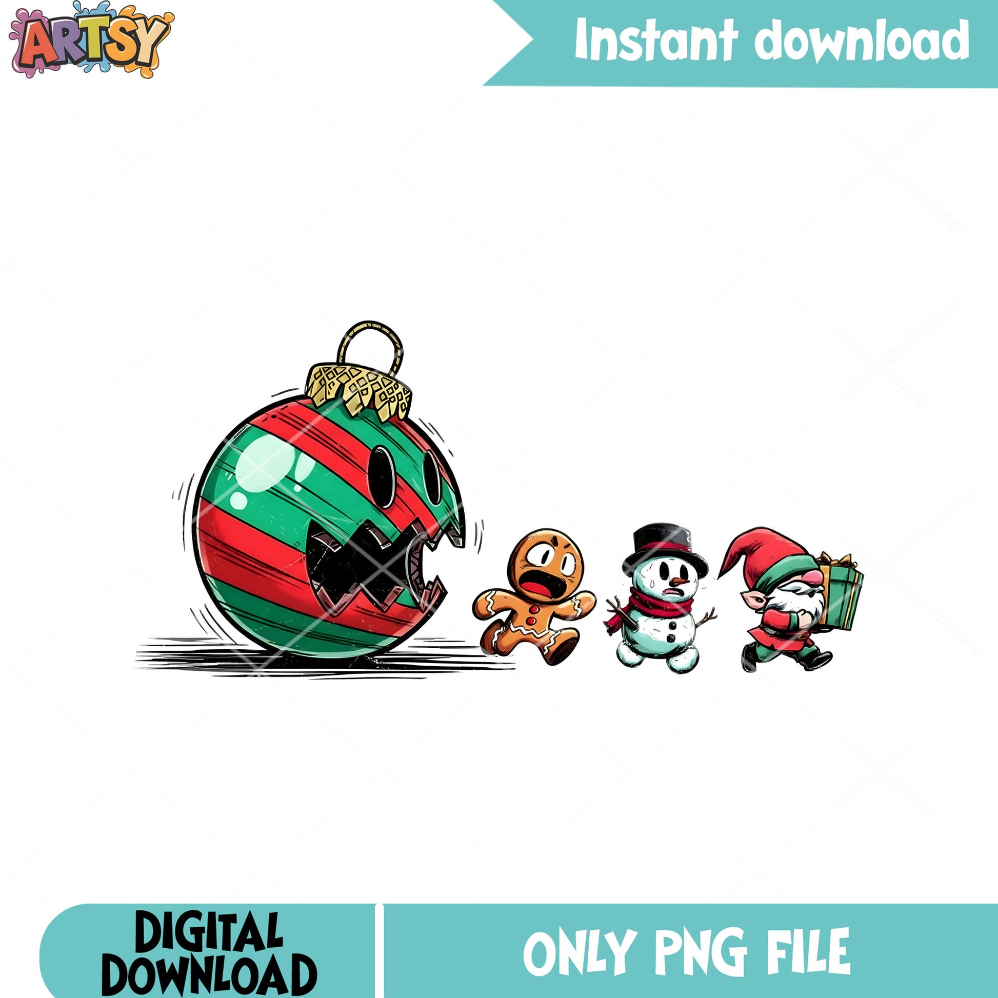 Christmas creepy pacman png, gingerbread man​ png, snowman png