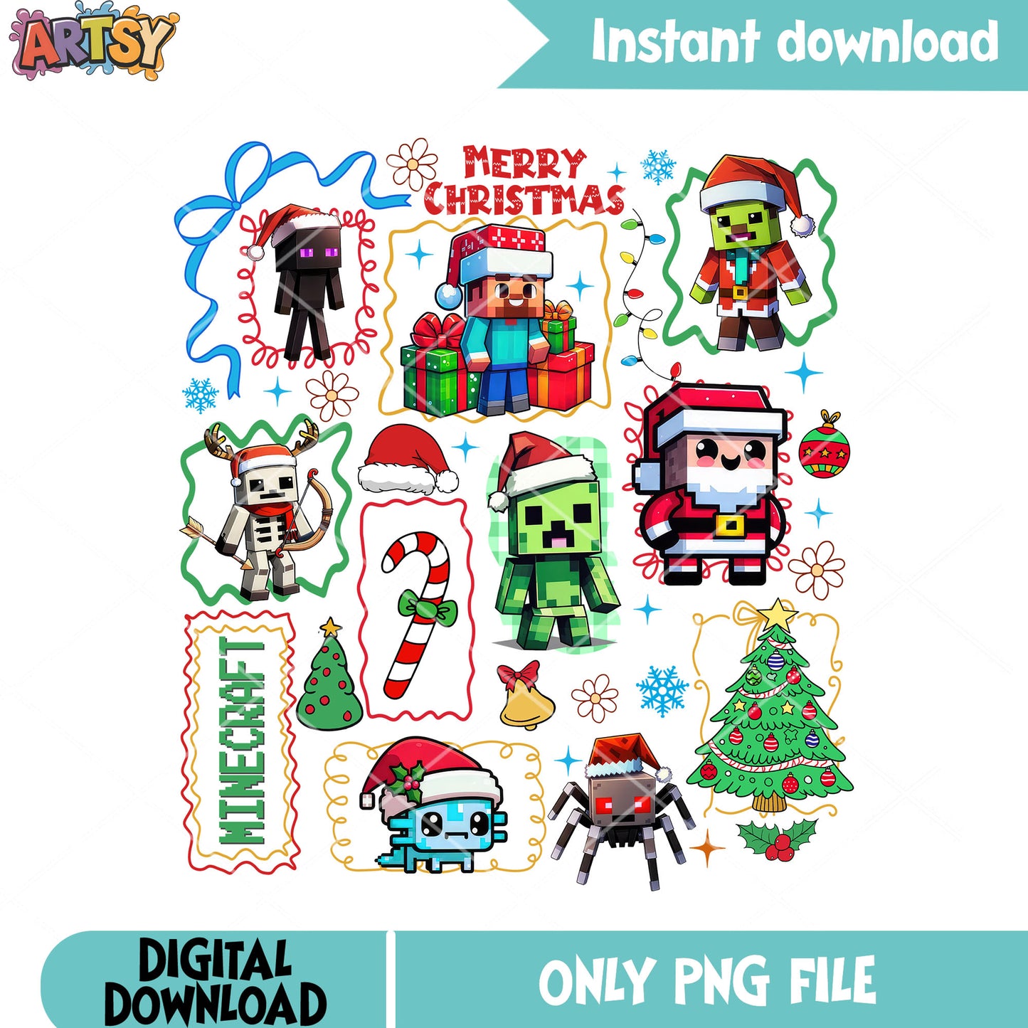 Christmas design steve and monster png, christmas vibes png, minecraft png