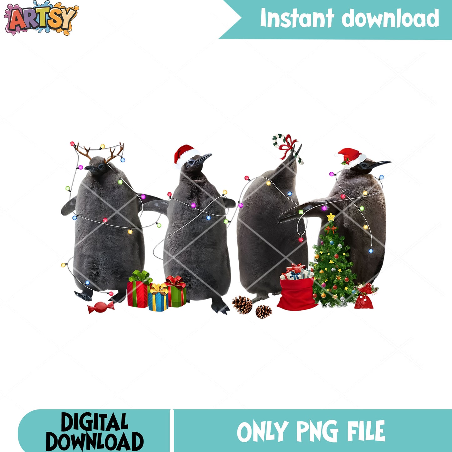 Christmas for penguins png, penguins lights christmas png, santa png