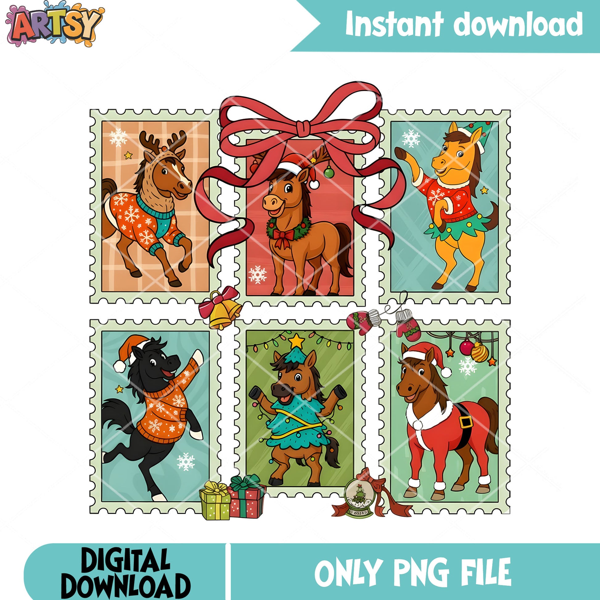 Christmas horse png, ribbon bow tie png, christmas present png