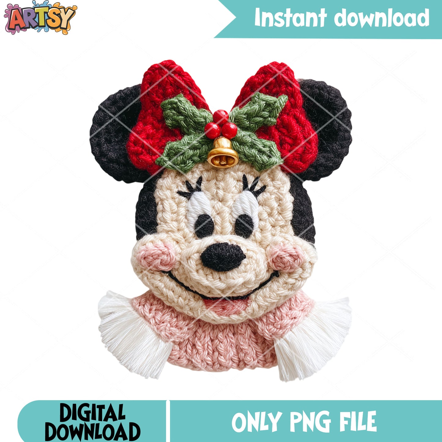 Christmas minnie crochet face png, minnie mouse png, merry christmas png