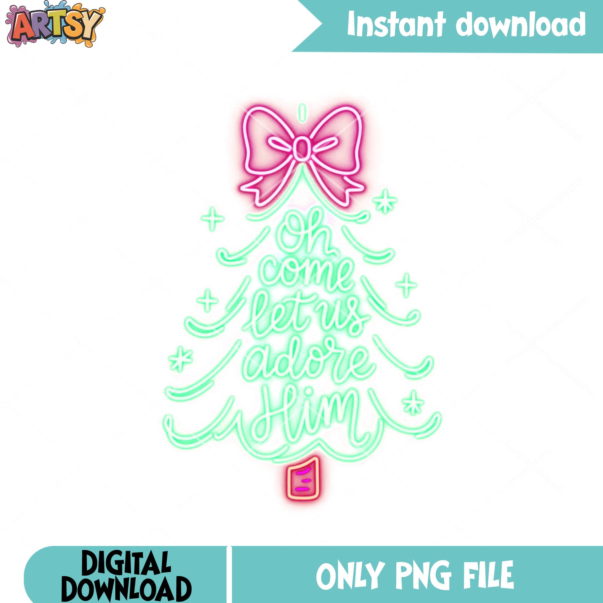 Christmas neon tree png, christmas gifts png, christmas bow png