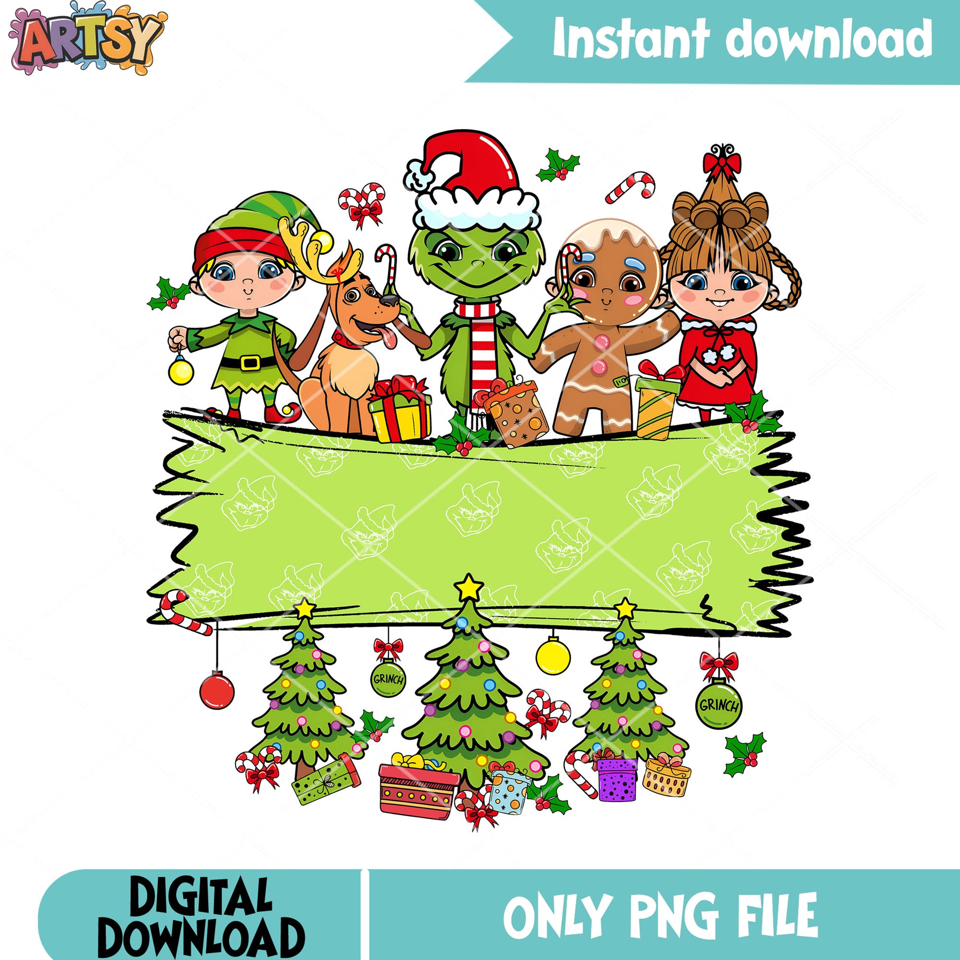 Christmas poster chibi grinch png, merry xmas png, cindy lou who png