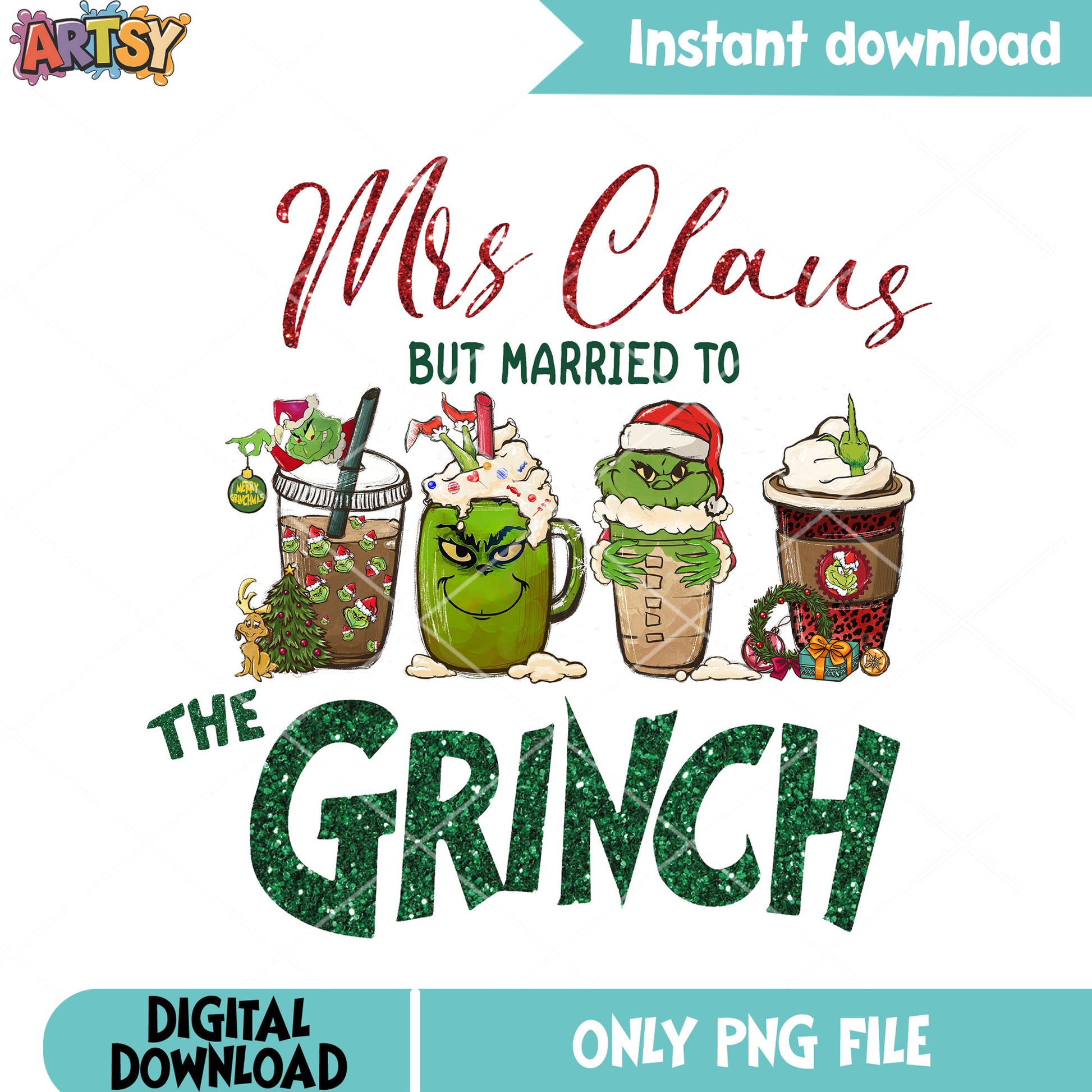 Christmas santa monster png, grinch png, hot chocolate png