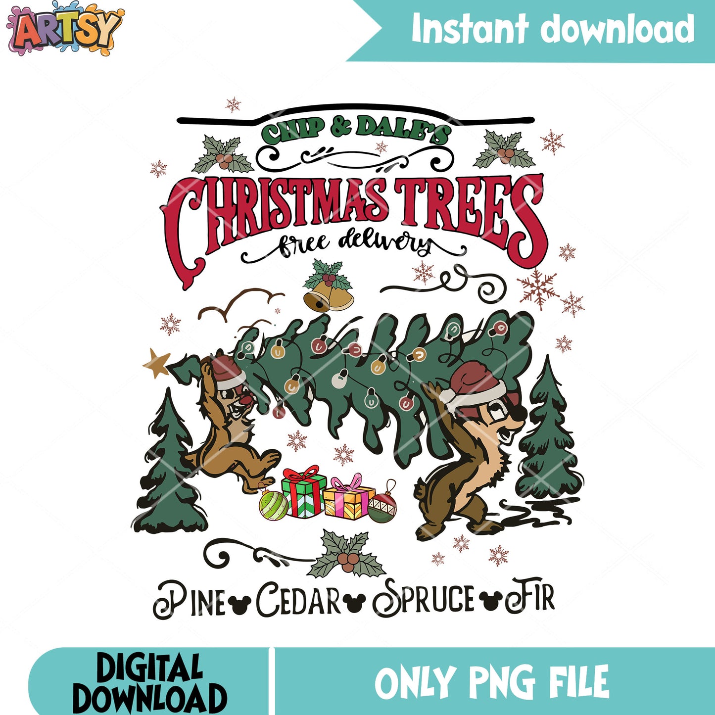 Christmas tree free delivery png, chip n dale​ png, disney christmas png