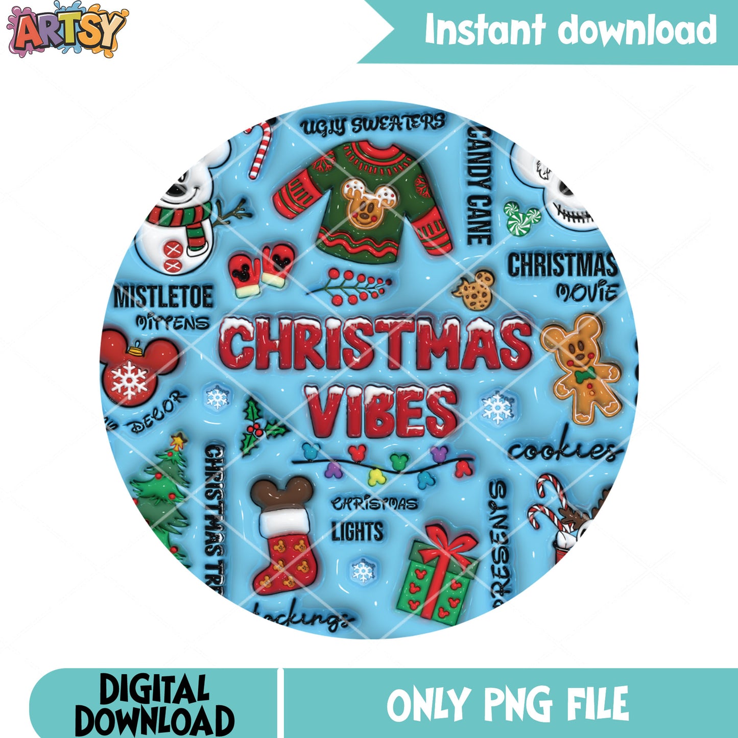 Christmas vibes mickey png, mickey gingerbread candy png, card png