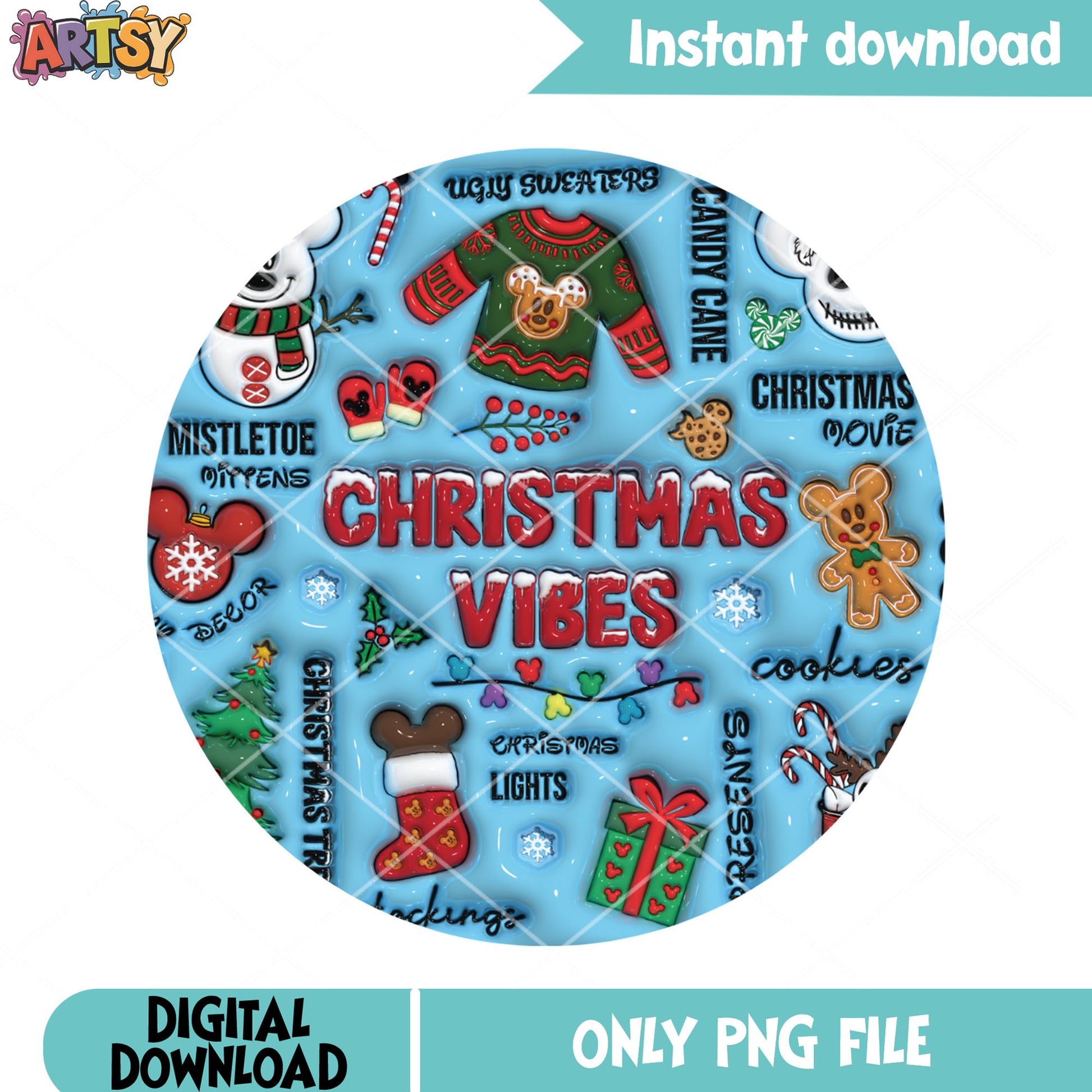 Christmas vibes mickey png, mickey gingerbread candy png, card png
