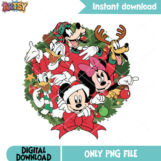 Christmas wreath disney png, disney christmas png, mickey and friends png