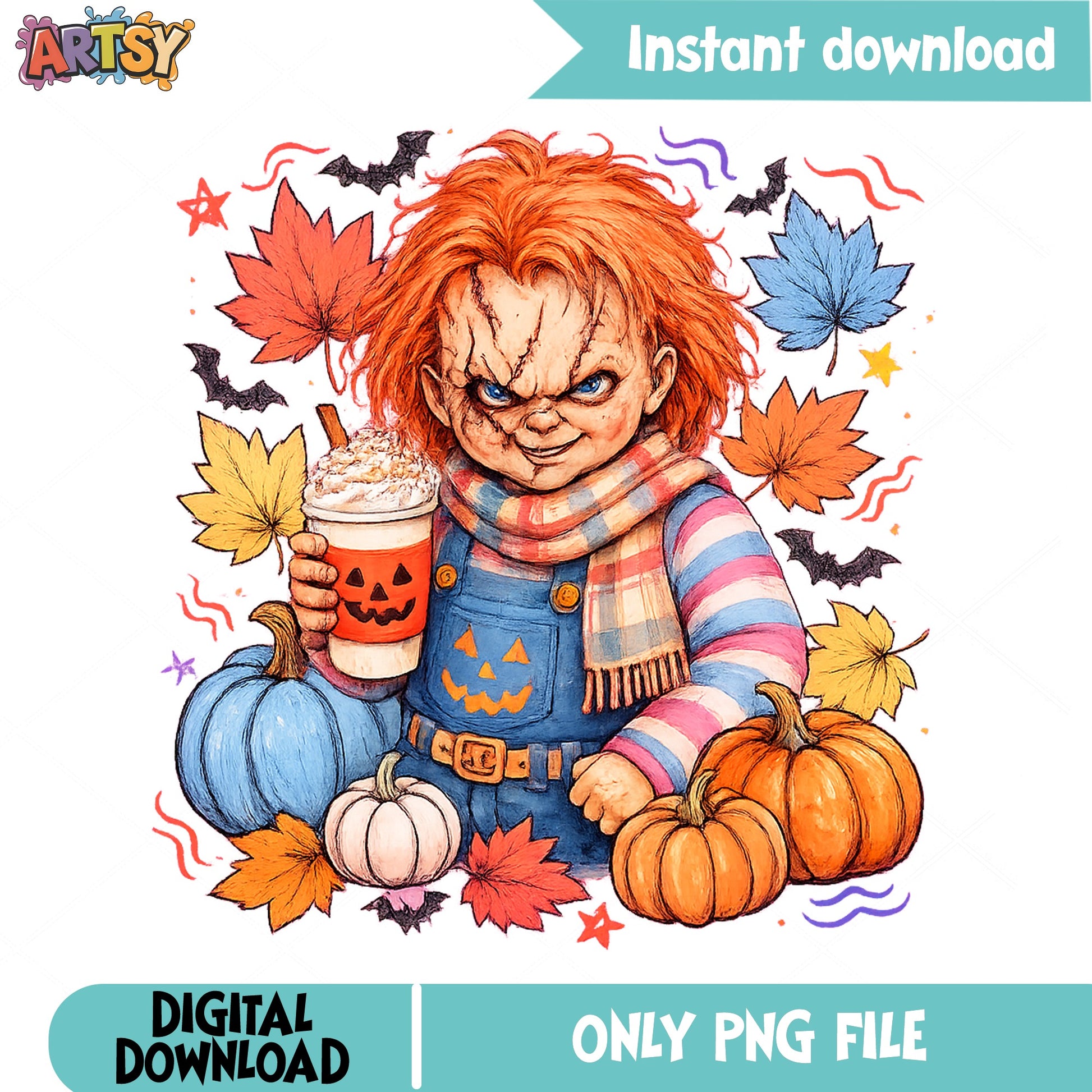 Chucky Halloween PNG, Horror Doll Fall Pumpkin PNG, Spooky Season PNG