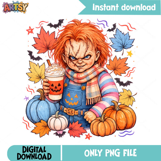 Chucky Halloween PNG, Horror Doll Fall Pumpkin PNG, Spooky Season PNG