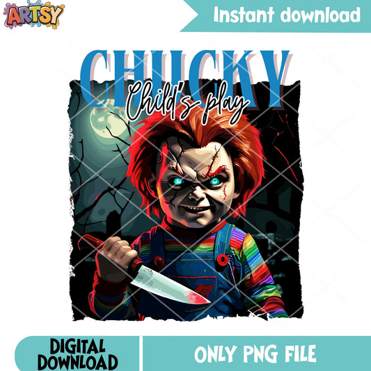 Chucky child play png, bloody knife png, halloween scary png