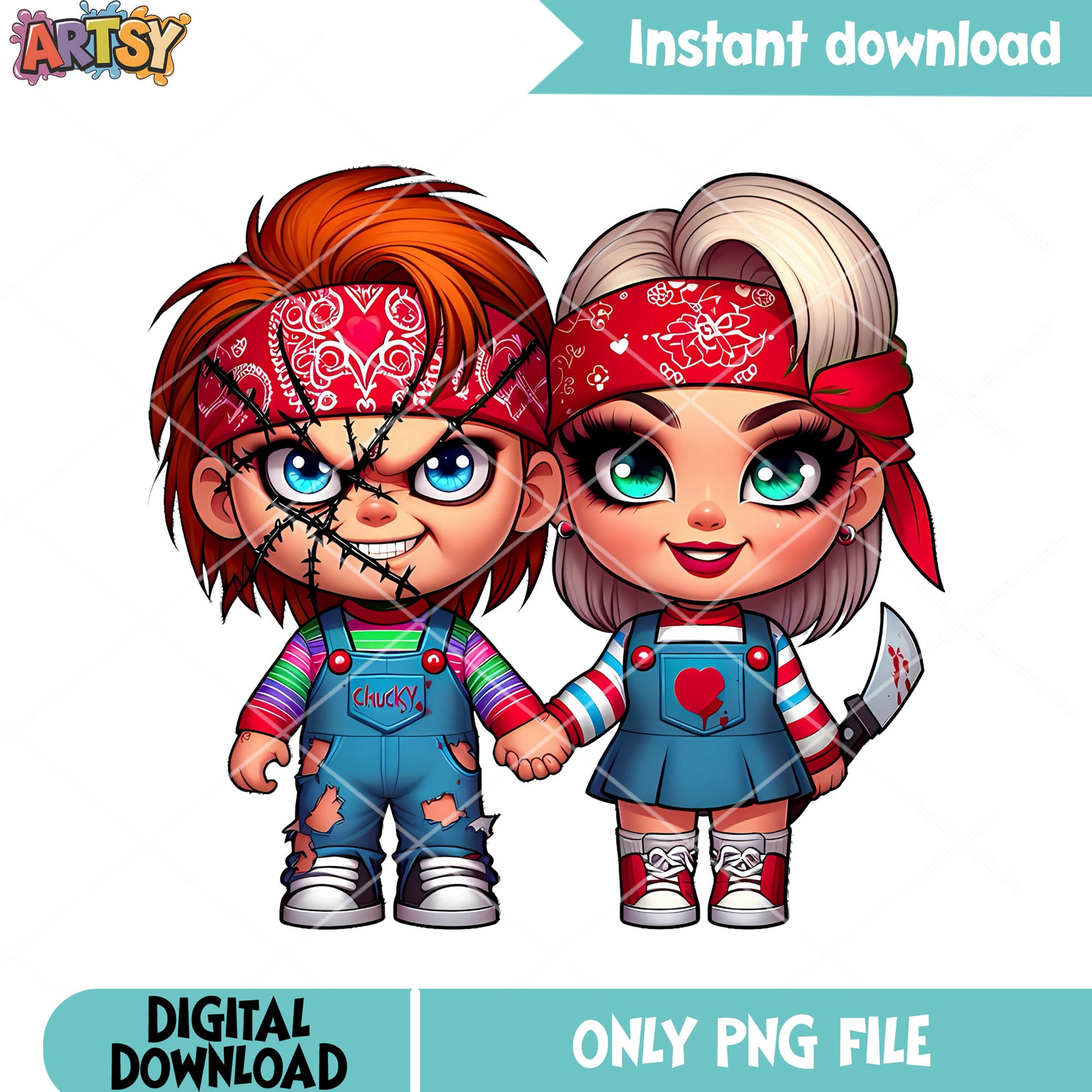 Chucky doll png, cute halloween costume png, red headband png