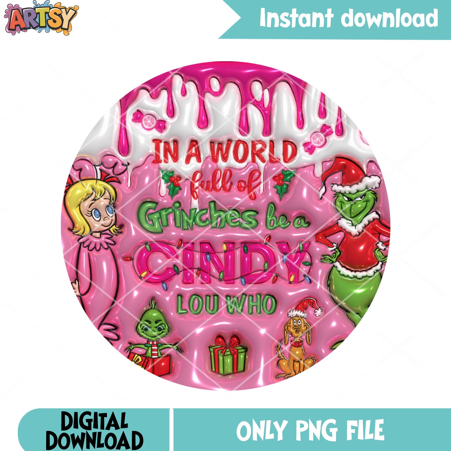 Cindy lou who pink christmas png, bubble effect png, cindy pink png