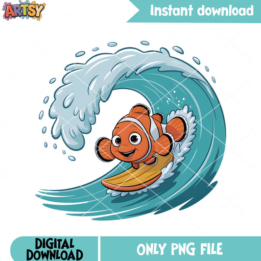 Clownfish surfing sticker png, disney sticker png, clownfish nemo png
