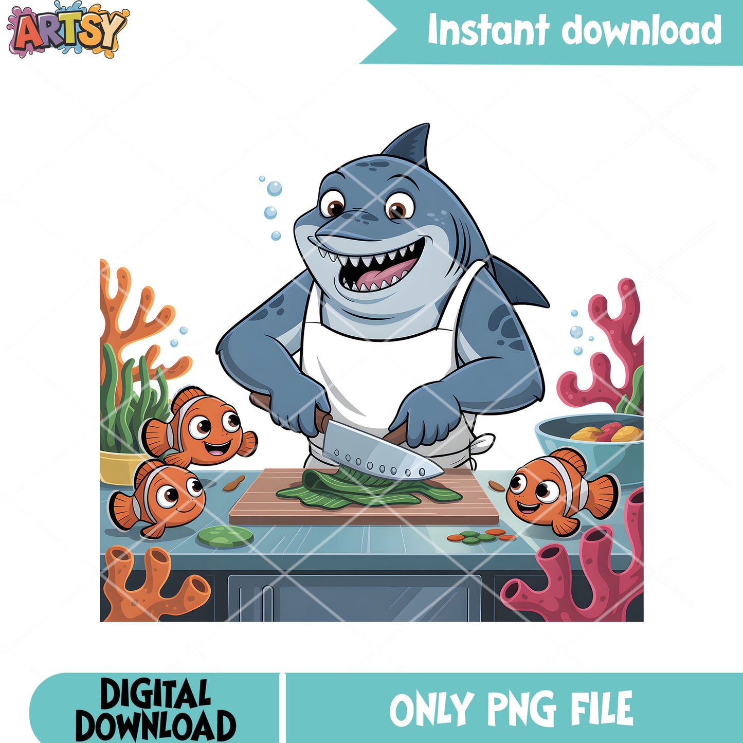 Clownfish with bruce png, bruce the shark png, disney poster png