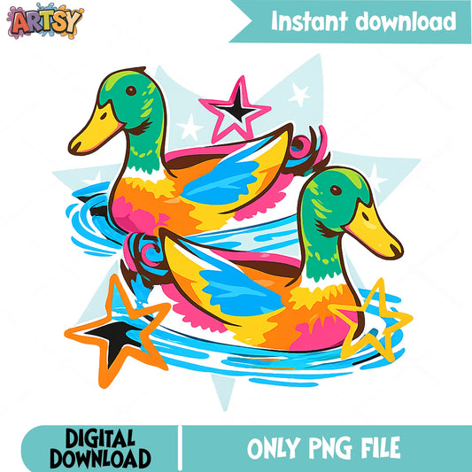 Colorful Mallard Duck Couple PNG, Duck Stars PNG, Duck PNG