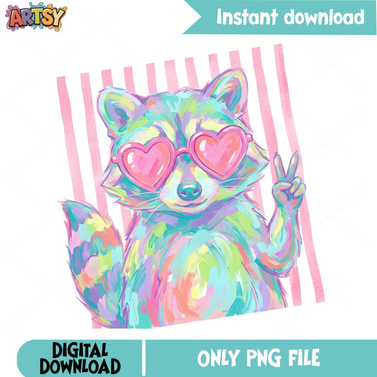 Colorful Raccoon With Heart Sunglasses PNG, Cute Raccoon PNG, Preppy PNG