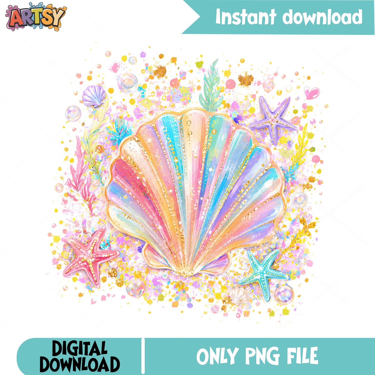 Colorful Seashell Sublimation PNG, Mermaid Ocean PNG, Summer Beach PNG