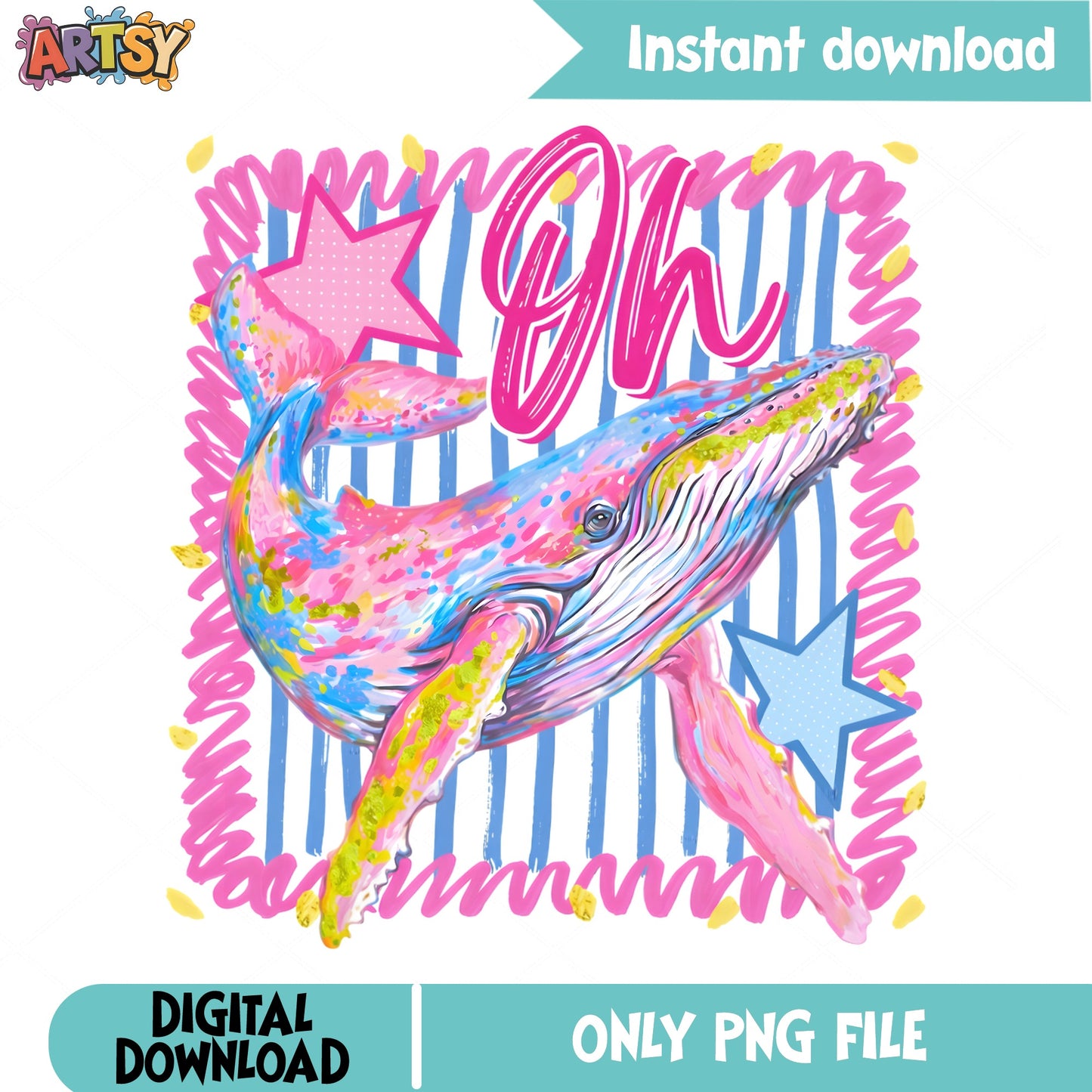 Colorful Whale PNG Sublimation Design, Ocean Animal PNG, Trendy Preppy PNG