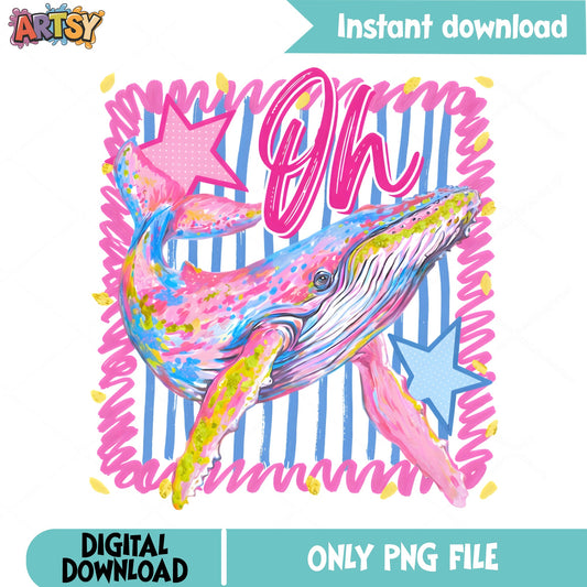 Colorful Whale PNG Sublimation Design, Ocean Animal PNG, Trendy Preppy PNG