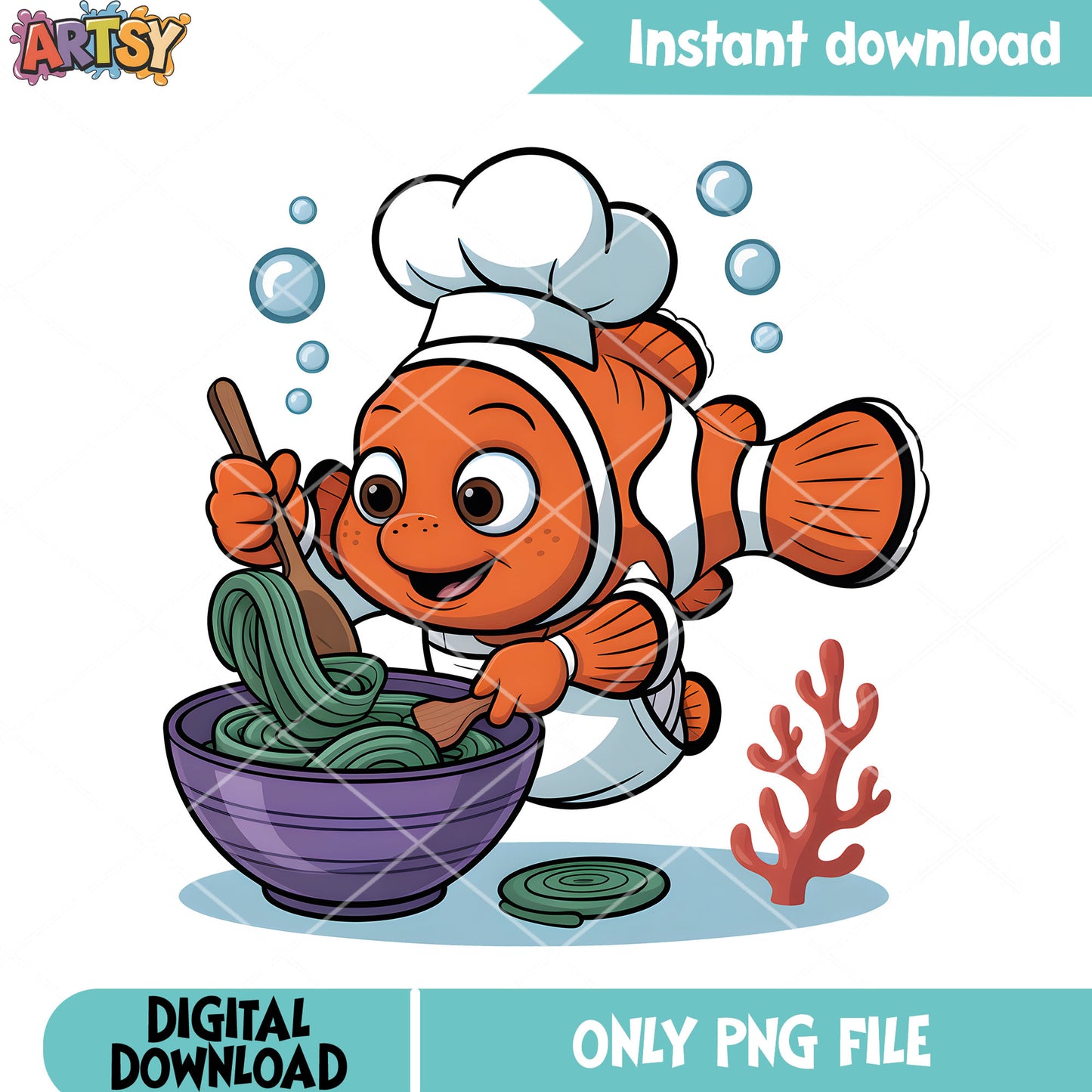 Cooking nemo seasweed pasta png, disney nemo png, clownfish nemo png