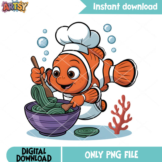 Cooking nemo seasweed pasta png, disney nemo png, clownfish nemo png