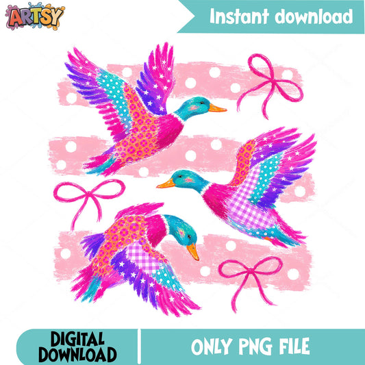 Coquette Duck PNG, Flying Duck With Bow PNG, Pink Duck PNG